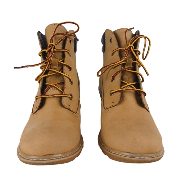 Timberland 8 Tan Brown Red Yellow Wedge Booties Ankle Boots Womens Laces Leather - Picture 14 of 16